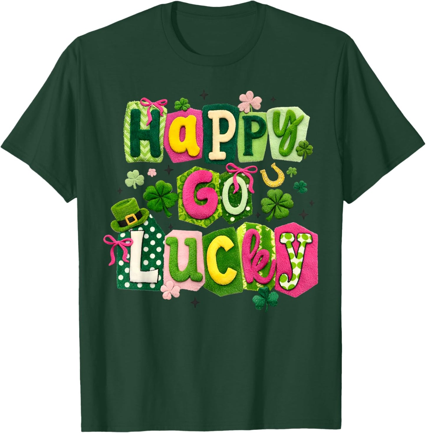 Happy Go Lucky Shamrock Crochet Irish Happy St Patrick's Day T-Shirt - T-Shirt | Forest