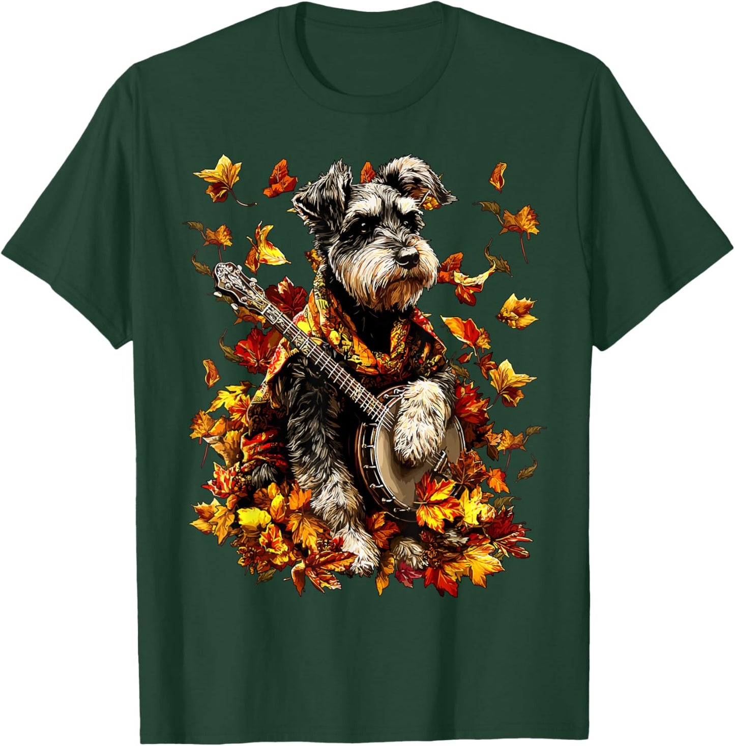 Banjoist Schnauzer Playing Banjo Fall Leaves Autumn Dog T-Shirt - T-Shirt | Forest