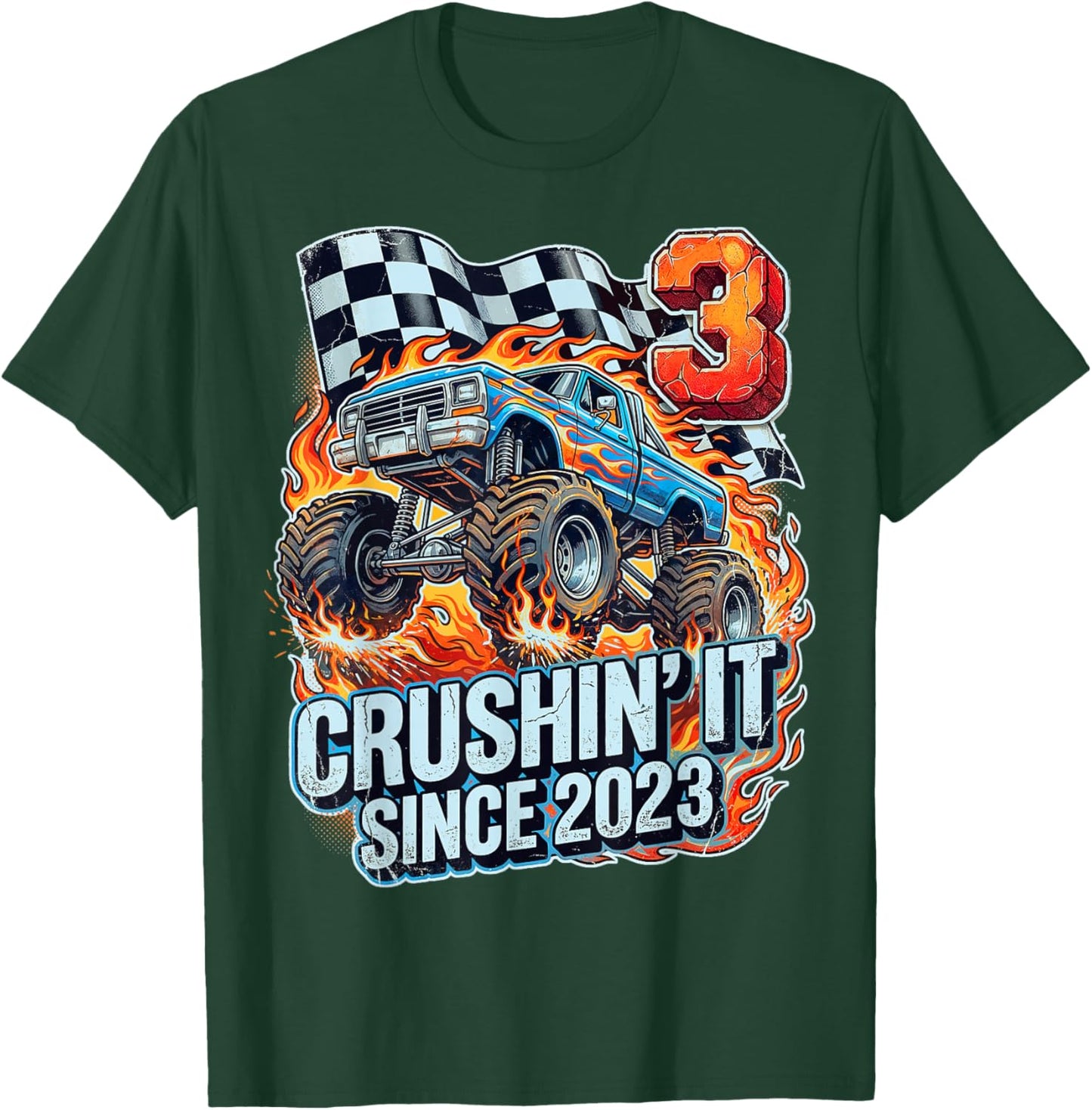 Birthday Monster Truck 3 Year Old Boys 3rd Party Born 2023 T-Shirt - T-Shirt | Forest