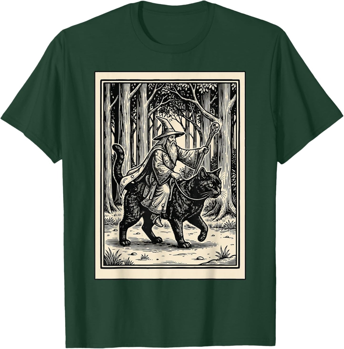 Wizard Riding Cat T-Shirt - T-Shirt | Forest
