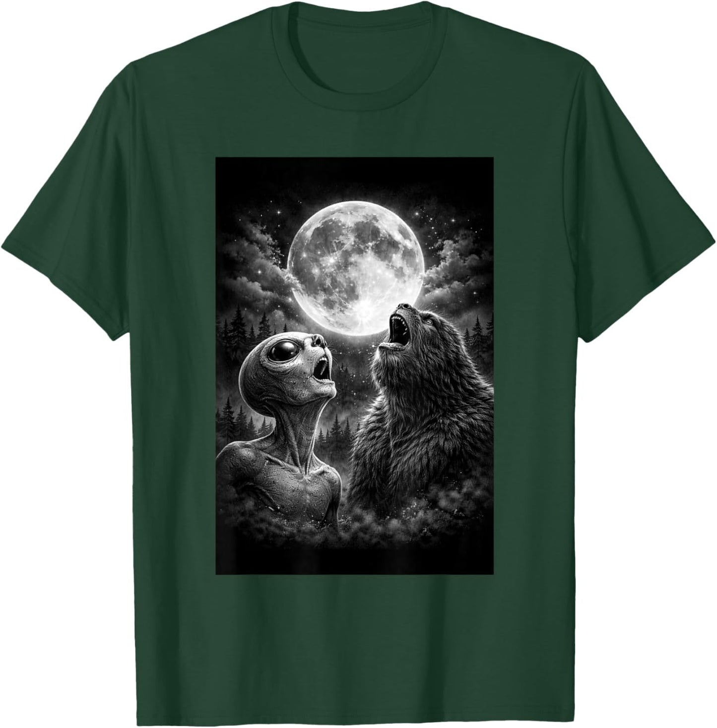Funny Alien and Bigfoot Howling at Moon Humor Man Woman T-Shirt - T-Shirt | Forest