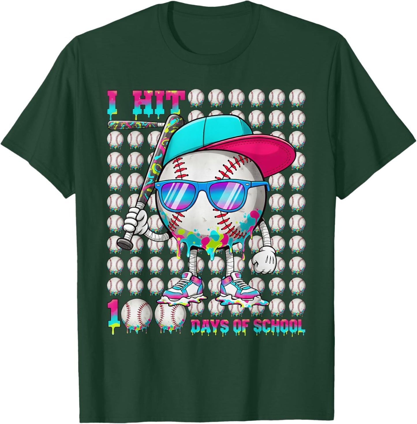 100 Days of School Baseball Drip Ice Cream Boys Kids T-Shirt - T-Shirt | Forest