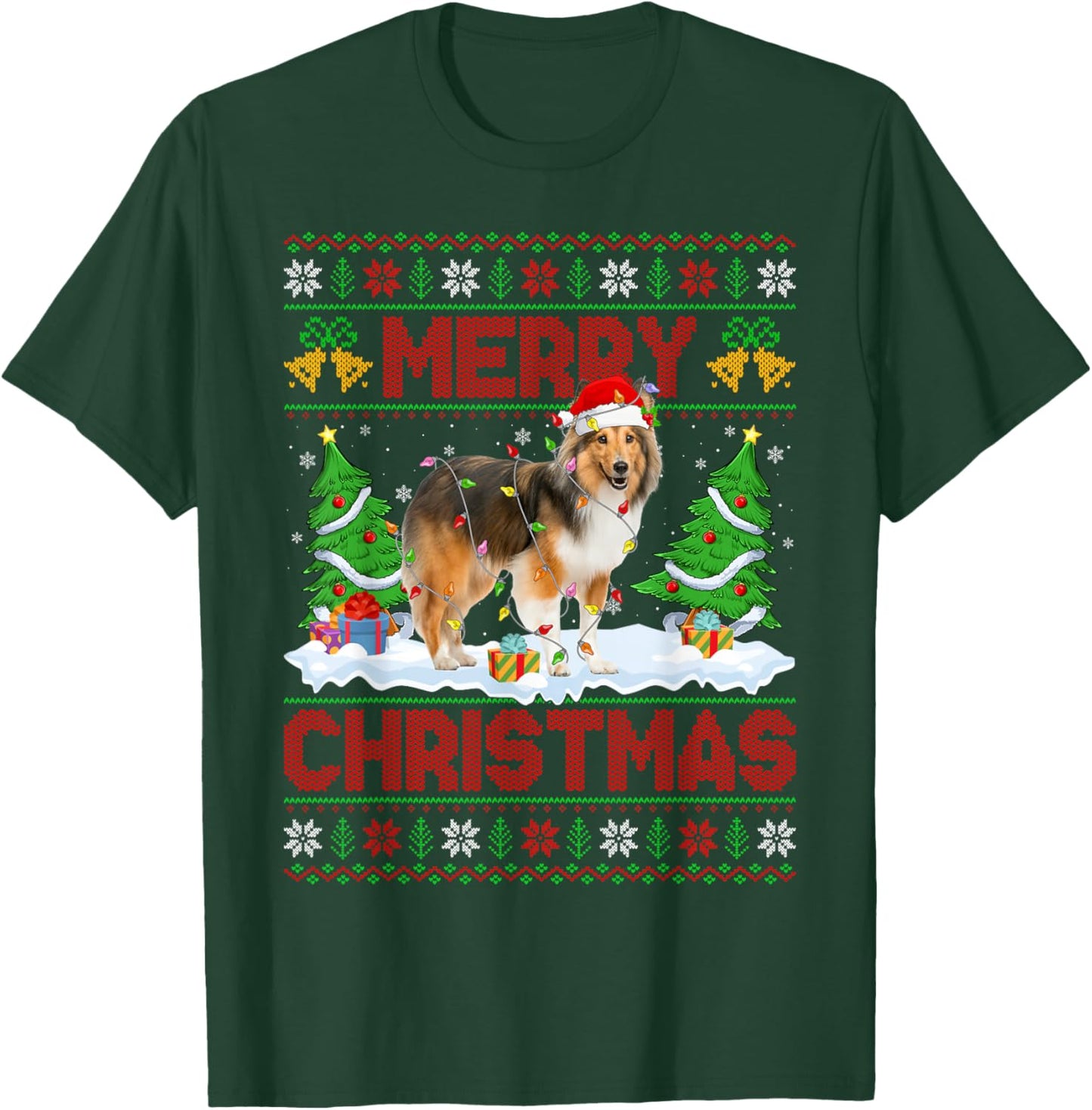 Sheltie Shetland Sheepdog Ugly Xmas Sweaters Dog Christmas T-Shirt - T-Shirt | Forest