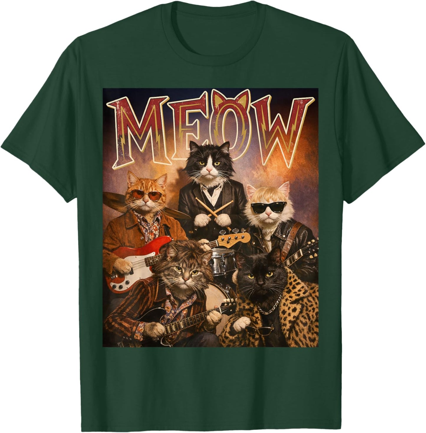 Meow Funny Cat Rock and Roll Band 60s Retro Music Fan T-Shirt - T-Shirt | Forest