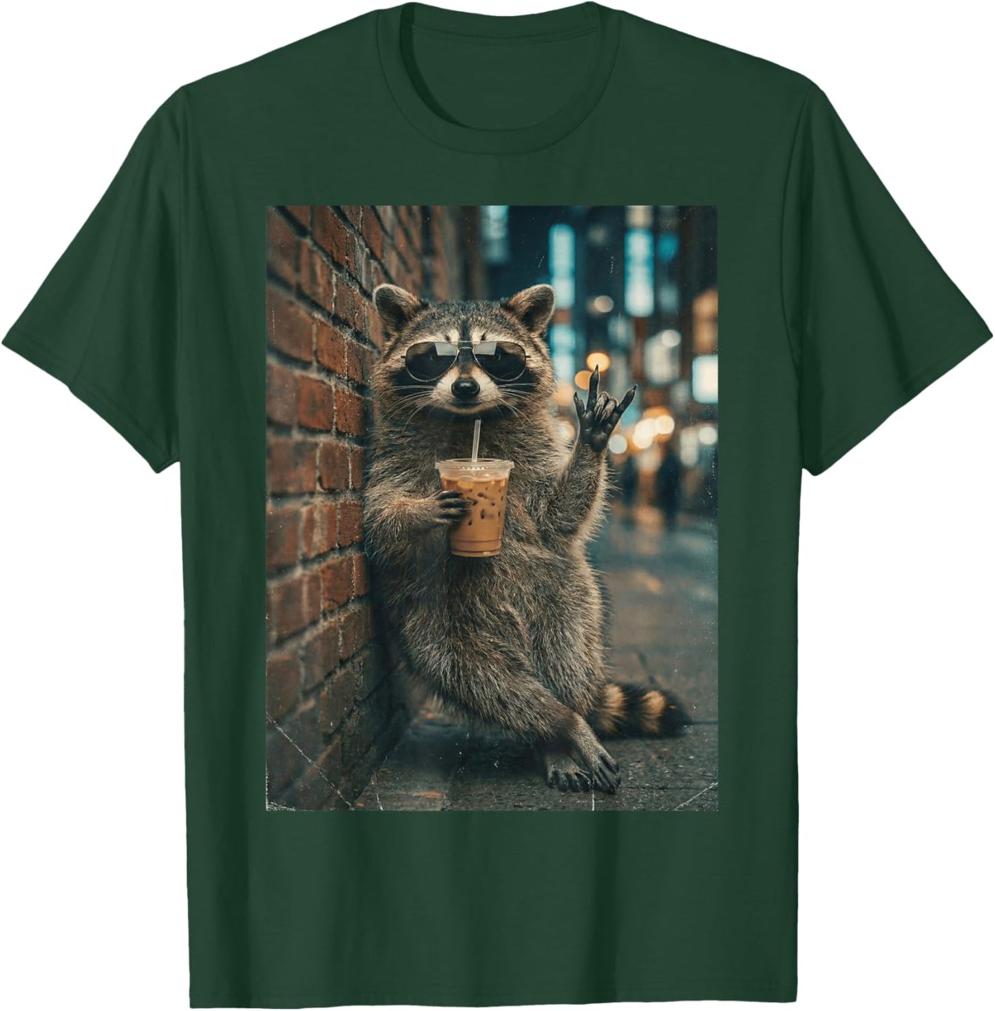 Raccoon Drinking Iced Coffee Rock On Meme Funny T-Shirt - T-Shirt | Forest