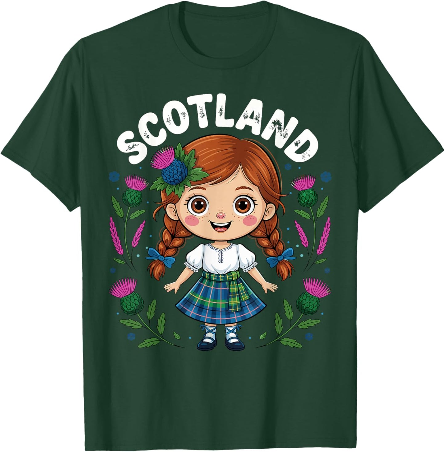 Cute Scotland Girl Tartan Skirt Thistle Flowers Art for Kids T-Shirt - T-Shirt | Forest