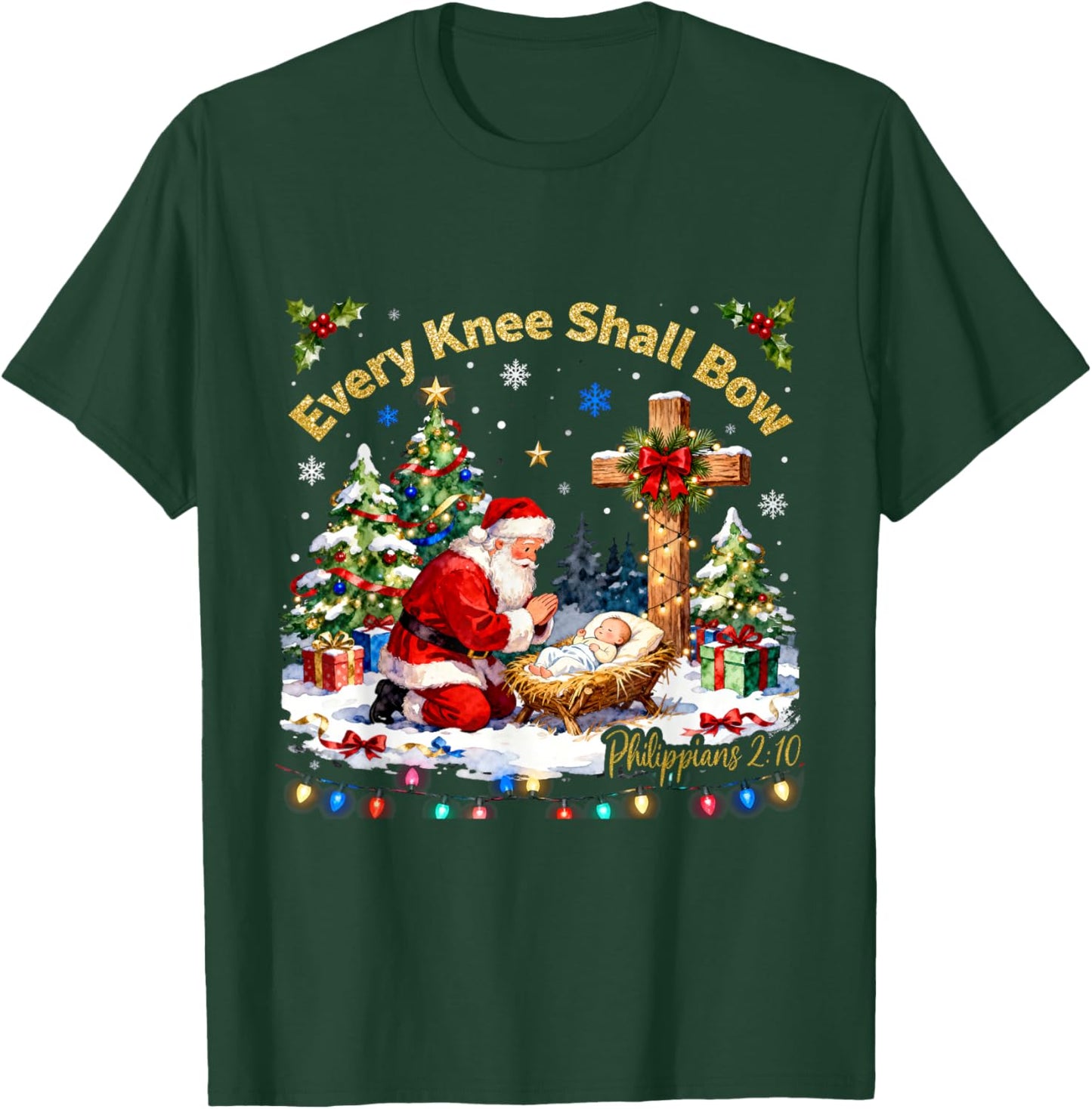 Xmas Every Knee Shall Bow Santa Christmas Nativity Scene T-Shirt - T-Shirt | Forest