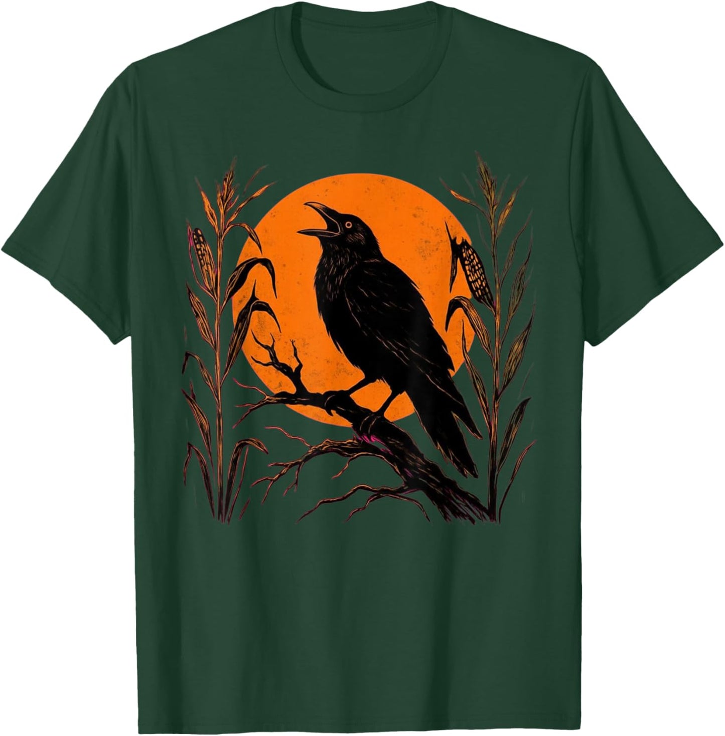 Gothic Raven Crow Harvest Orange Moon Corn Field Halloween T-Shirt - T-Shirt | Forest
