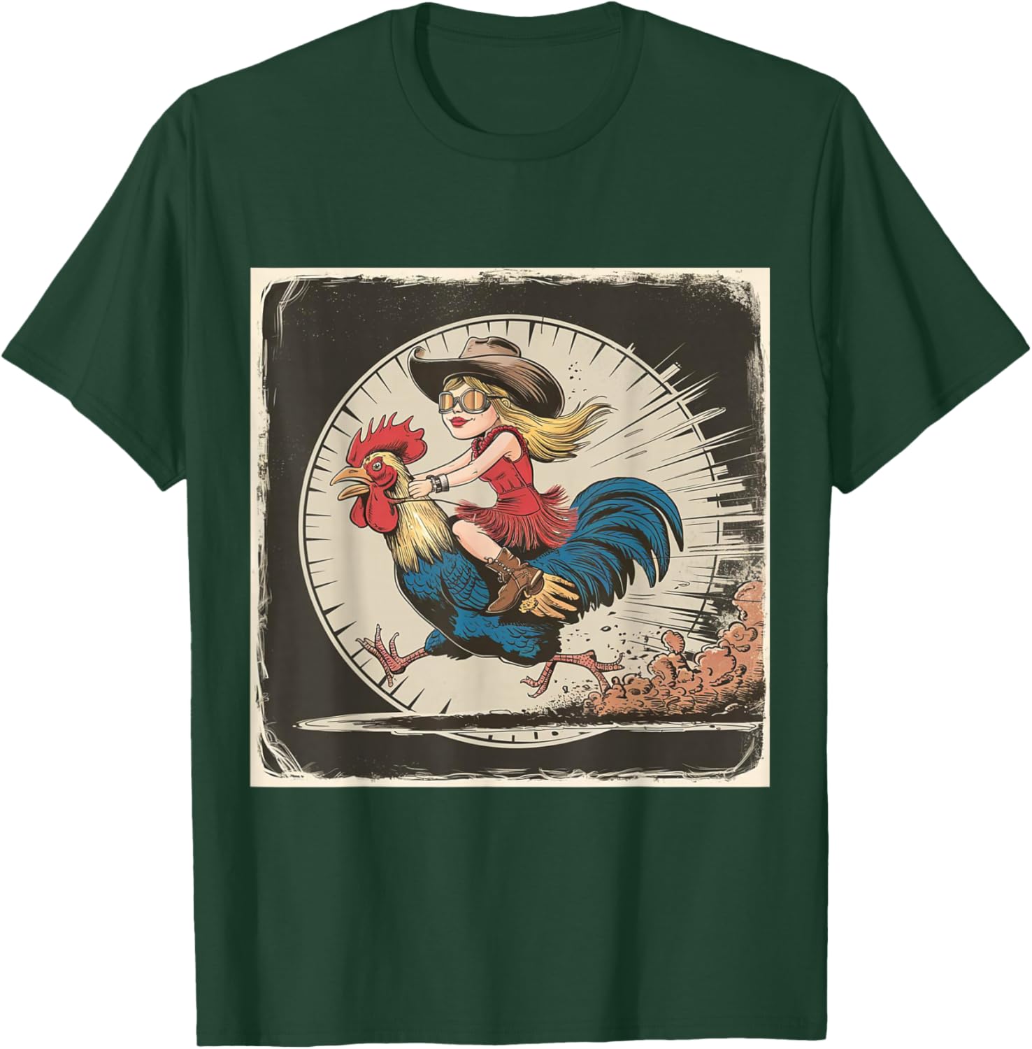 Funny Vintage Distressed Cowgirl Riding Chicken Rooster T-Shirt - T-Shirt | Forest