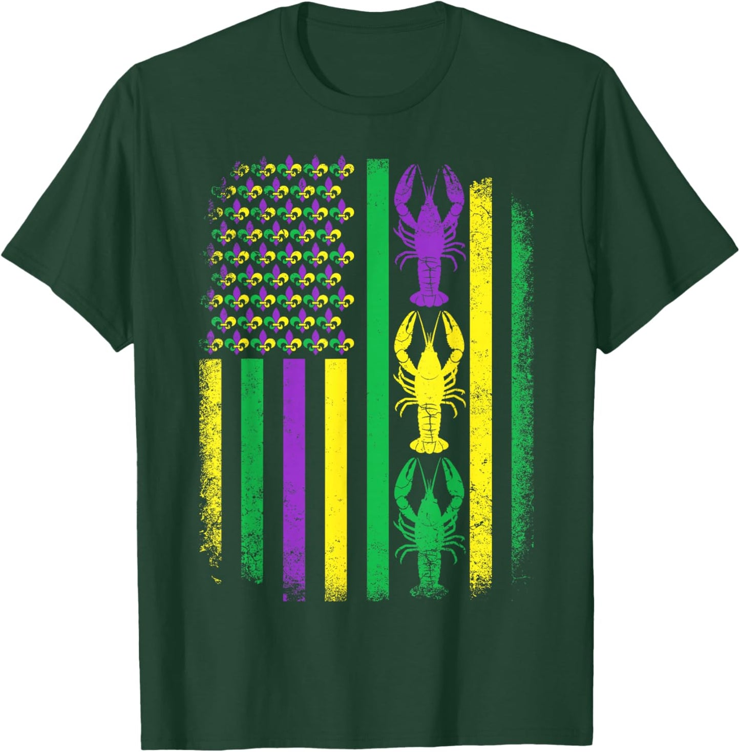Retro Mardi Gras USA American Flag Crawfish Parade Men Women T-Shirt - T-Shirt | Forest