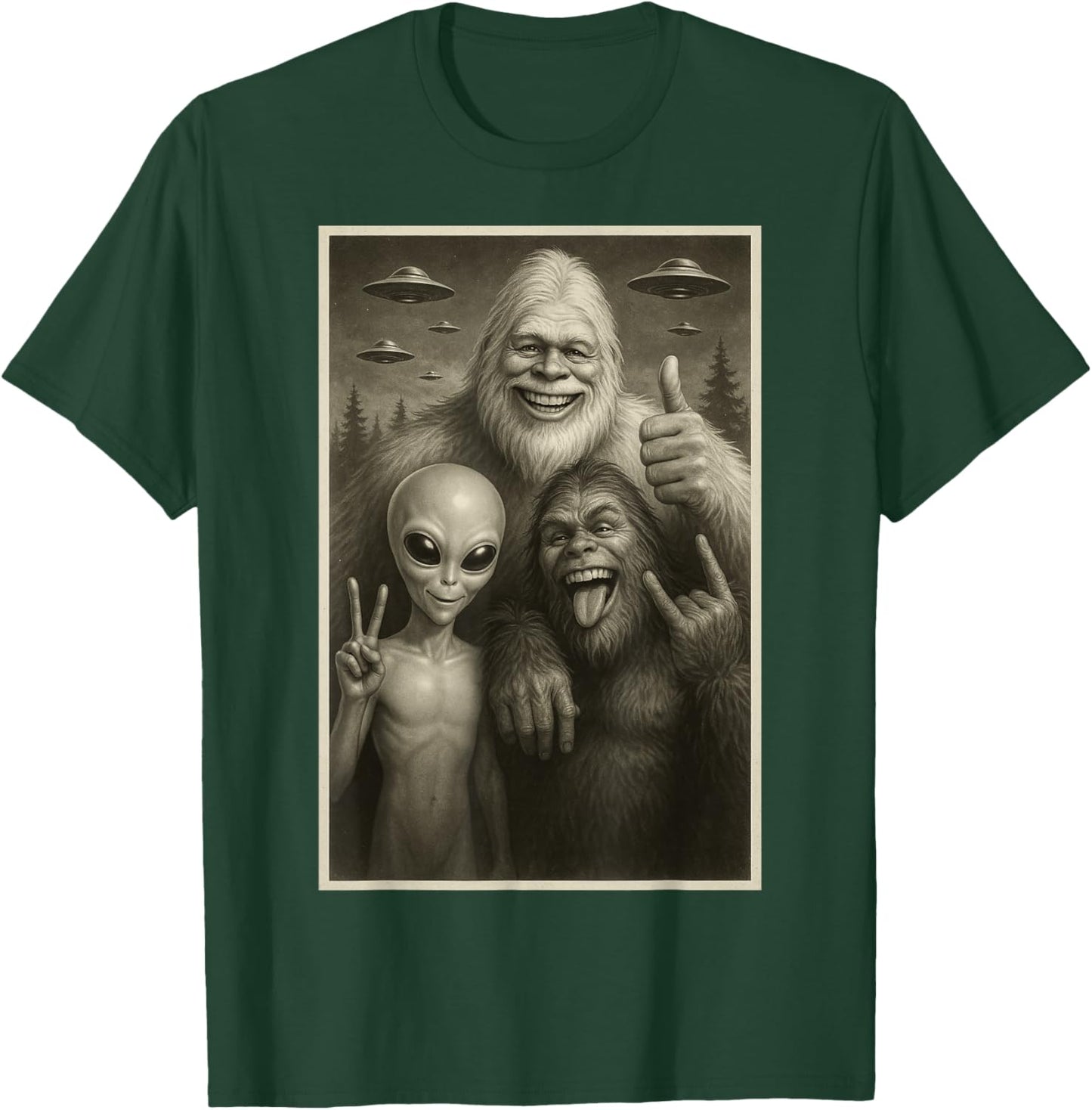 Funny Bigfoot, Alien, & Yeti Sasquatch Rock On UFO Handsign T-Shirt - T-Shirt | Forest