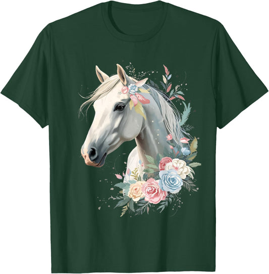 White Horse Portrait with Elegant Floral Elements T-Shirt - T-Shirt | Forest