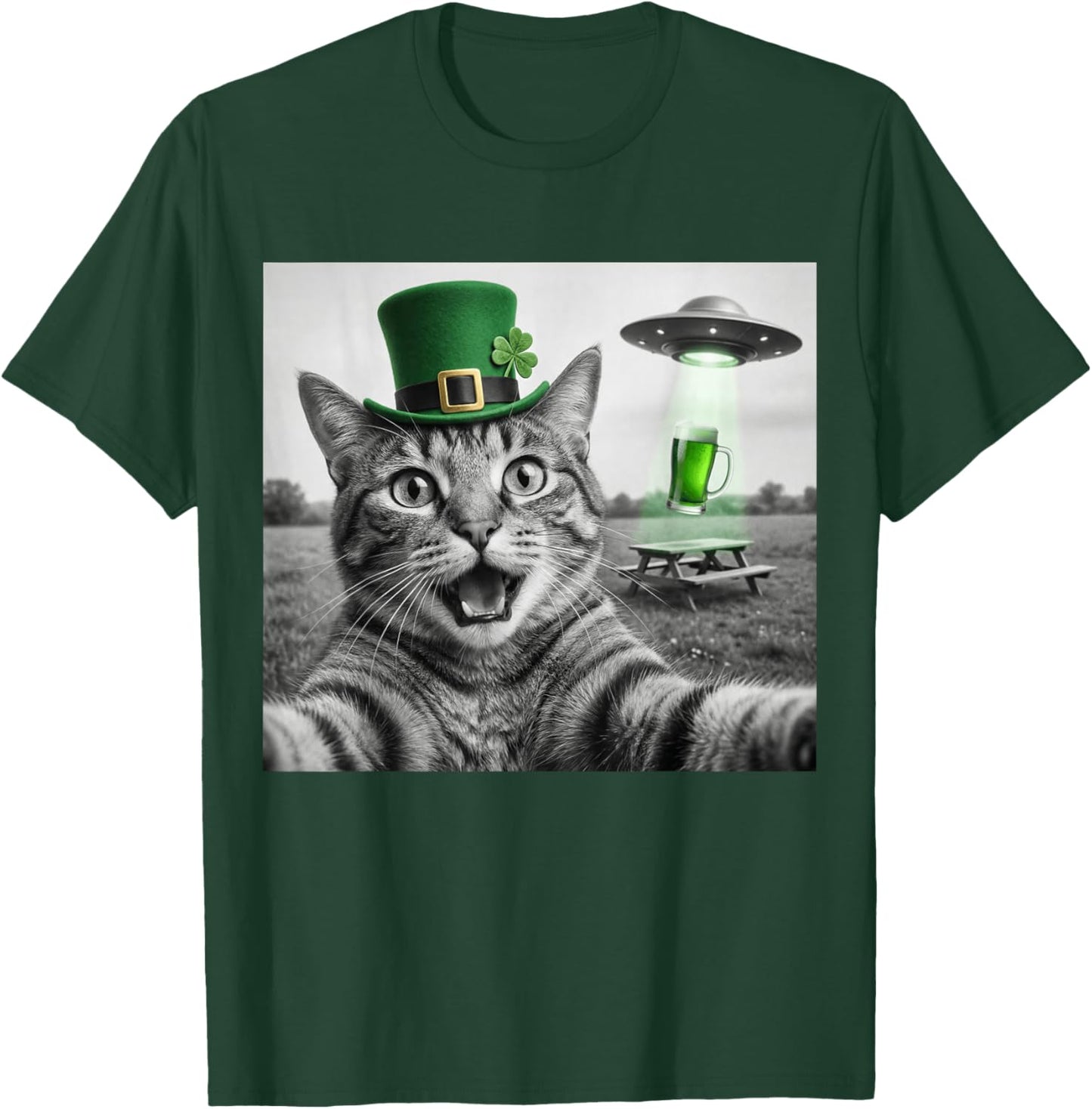 Funny Cat Selfie St Patricks Day UFO Abduction Green Beer T-Shirt - T-Shirt | Forest