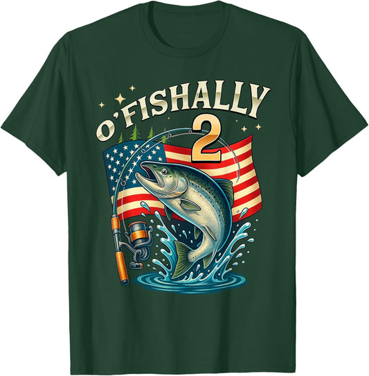 O'fishally 2 Years Old Fishing 2nd Birthday Boys Kids T-Shirt - T-Shirt | Forest