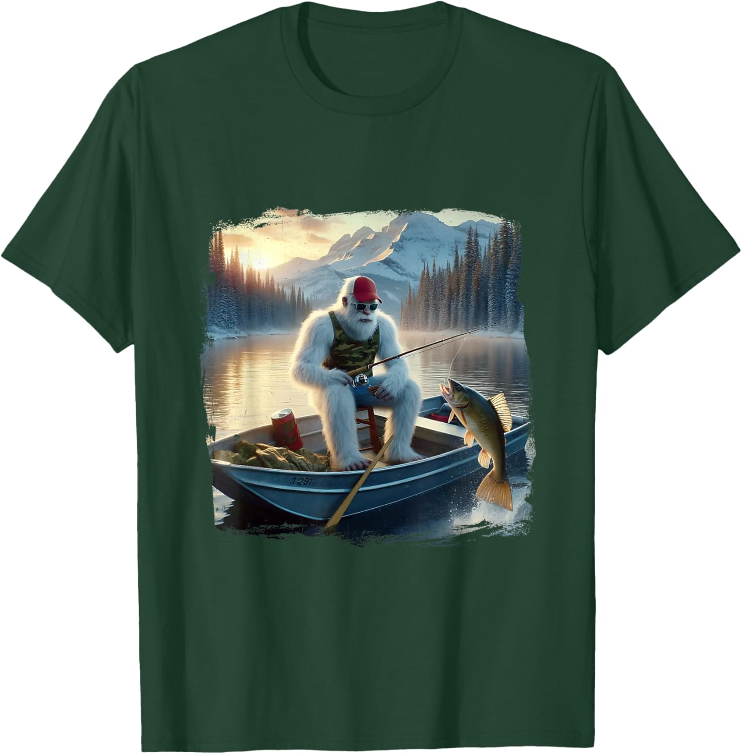 Fishing Merry Fishmas Funny Fish Santa Bigfoot Winter T-Shirt - T-Shirt | Forest