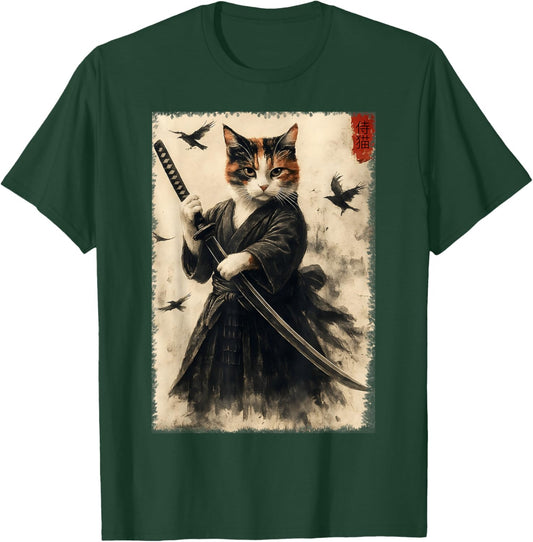 Funny Japanese Samurai Cat Kitten Men Women Kids T-Shirt - T-Shirt | Forest