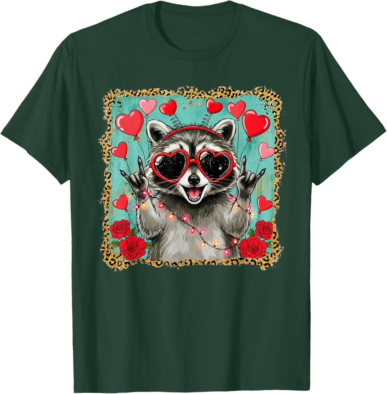 Rock On Hand Sign Racoon Meme Funny Valentines T-Shirt - T-Shirt | Forest