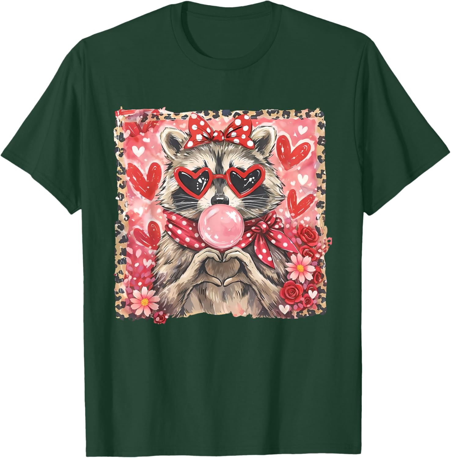 Vintage Leopard Girls Valentine Raccoon Lover Heart XOXO T-Shirt - T-Shirt | Forest