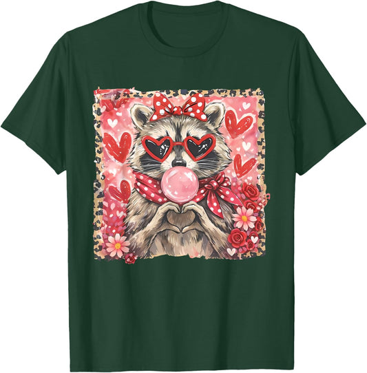 Vintage Leopard Girls Valentine Raccoon Lover Heart XOXO T-Shirt - T-Shirt | Forest