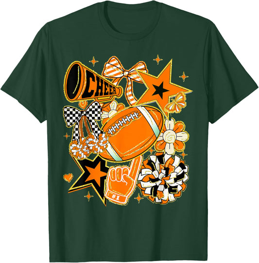 Coquette Bow Football Orange Black Game Cheer Mom Touchdown T-Shirt - T-Shirt | Forest