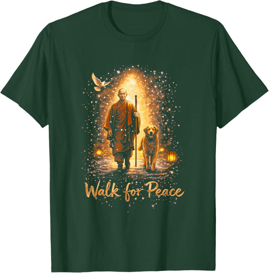 Walk for Peace Monks with Aloka Dog Cool Peace T-Shirt - T-Shirt | Forest