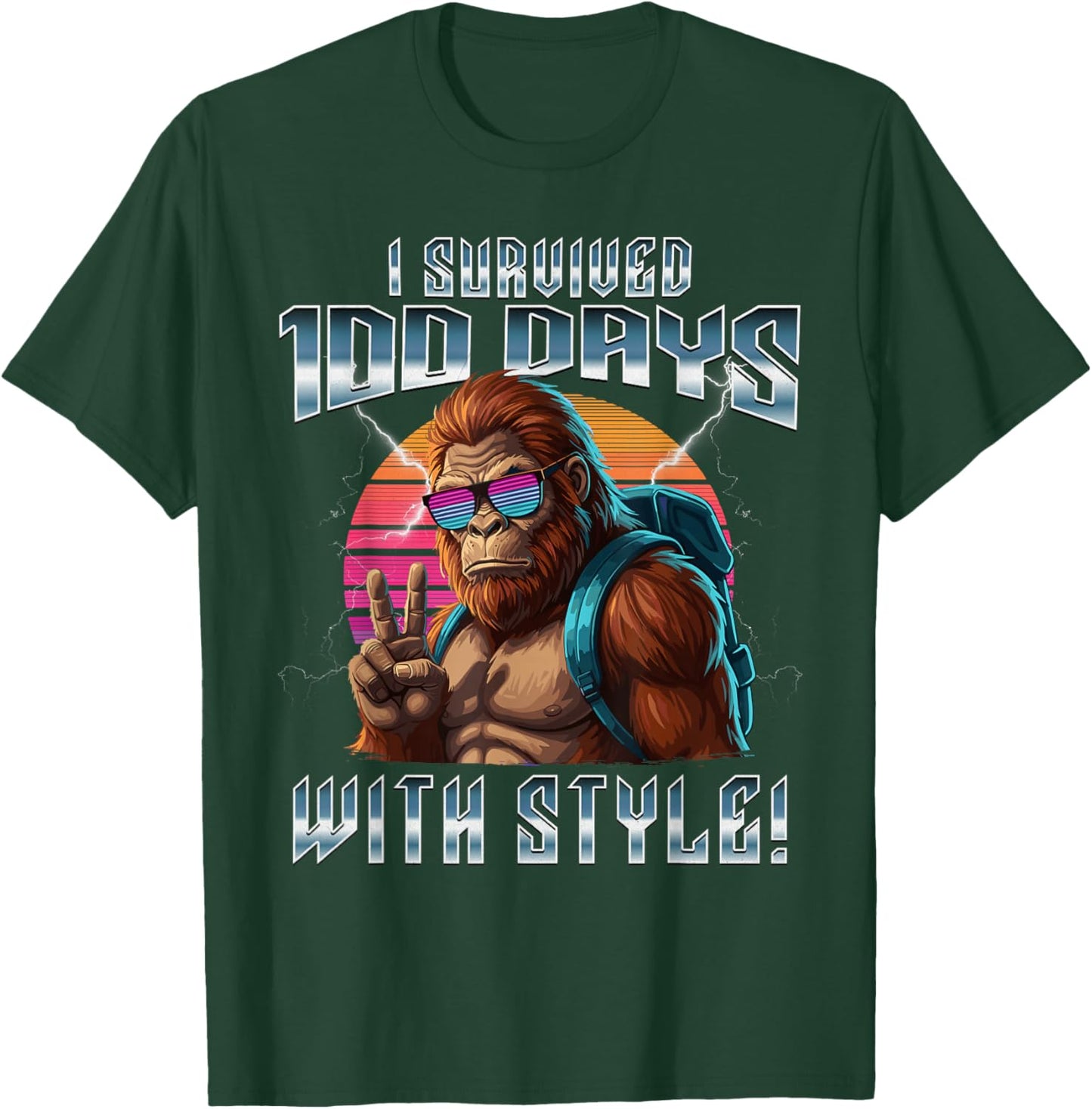 Retro I Survived 100 Days of School Bigfoot Kids Teacher T-Shirt - T-Shirt | Forest
