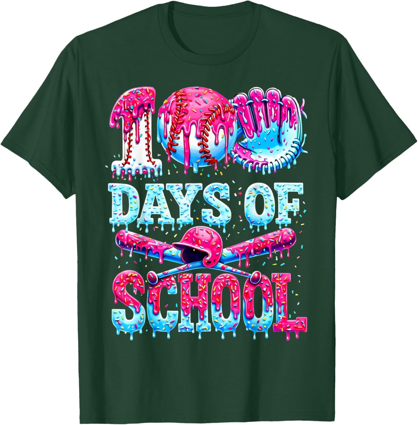 100 Days of School Baseball Ice Cream Drip Gift Boys Kid T-Shirt - T-Shirt | Forest