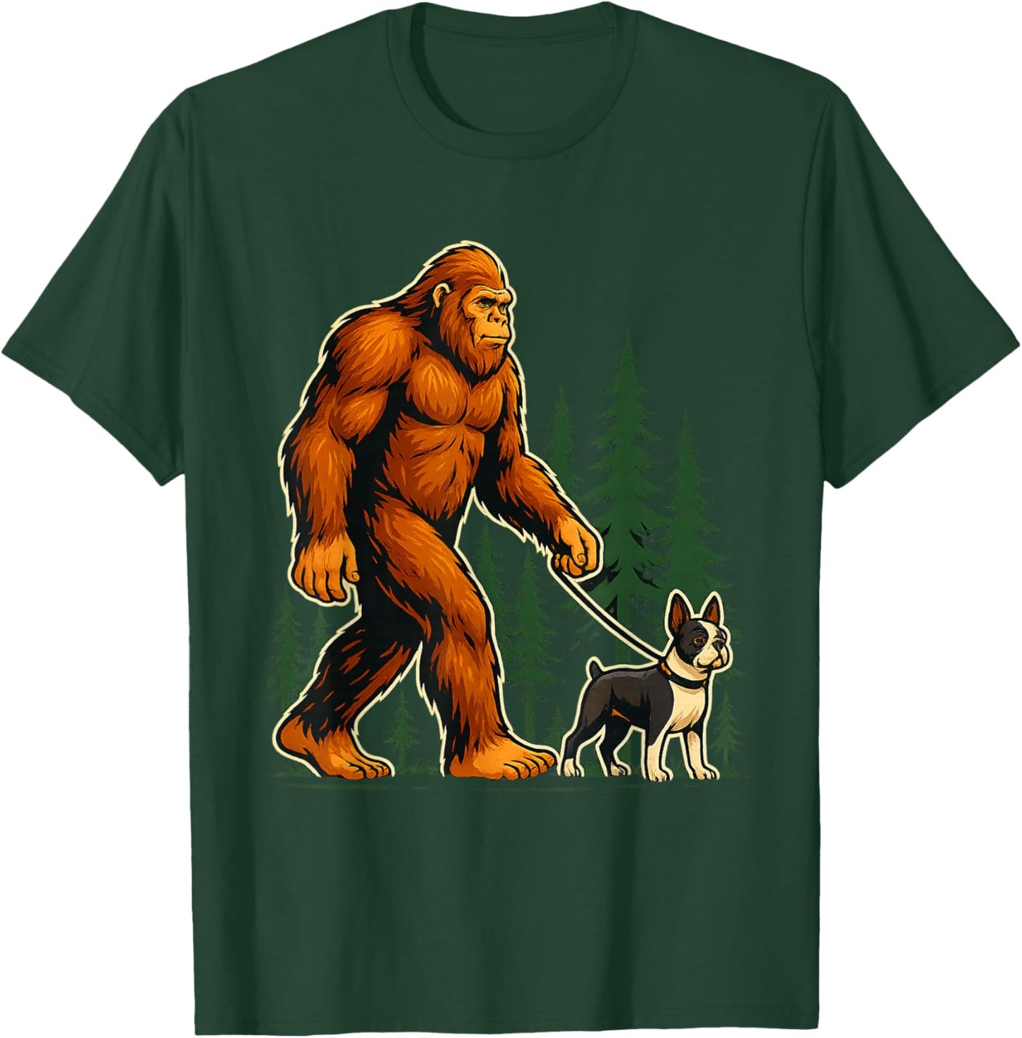 Funny Boston Terrier Bigfoot Dog Walking Dog Mom Dad Kids T-Shirt - T-Shirt | Forest