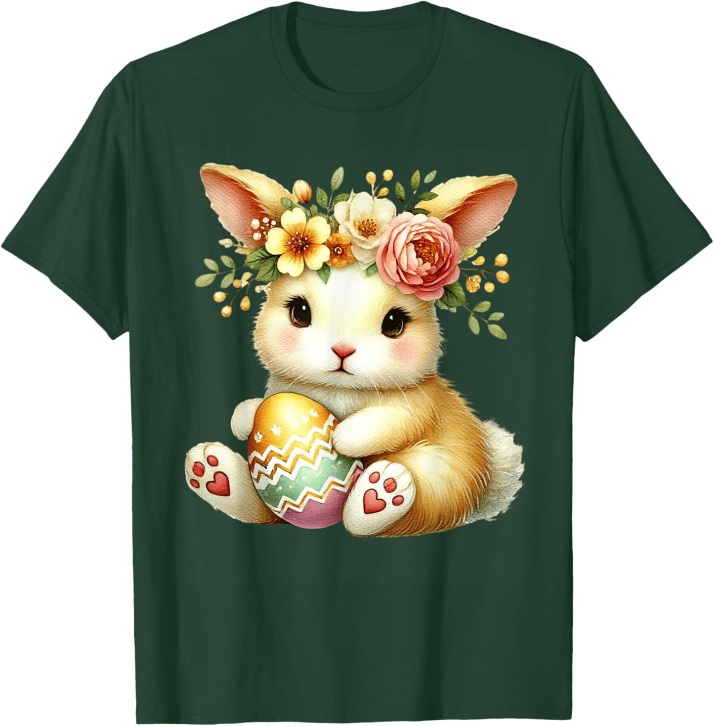 Easter Bunny with Flower Crown Girls Women Floral Cute T-Shirt - T-Shirt | Forest