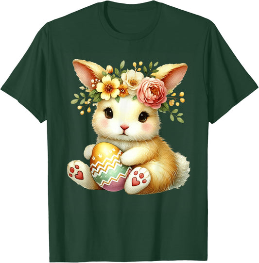 Easter Bunny with Flower Crown Girls Women Floral Cute T-Shirt - T-Shirt | Forest