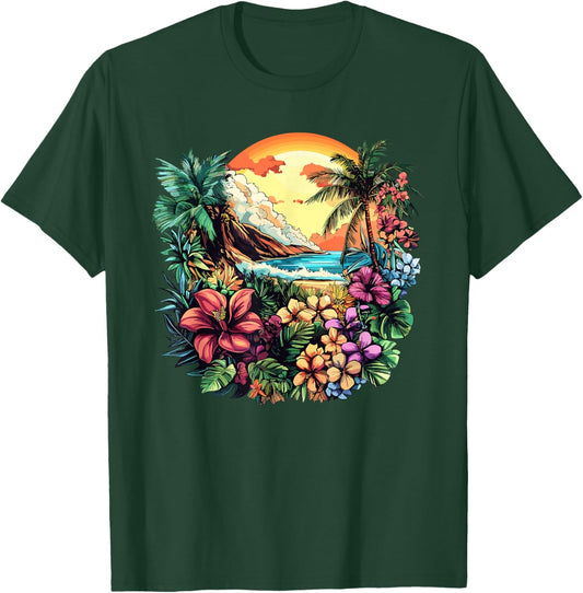 Hawaiian Tropical Flowers Palm Trees Sunset Coast T-Shirt - T-Shirt | Forest