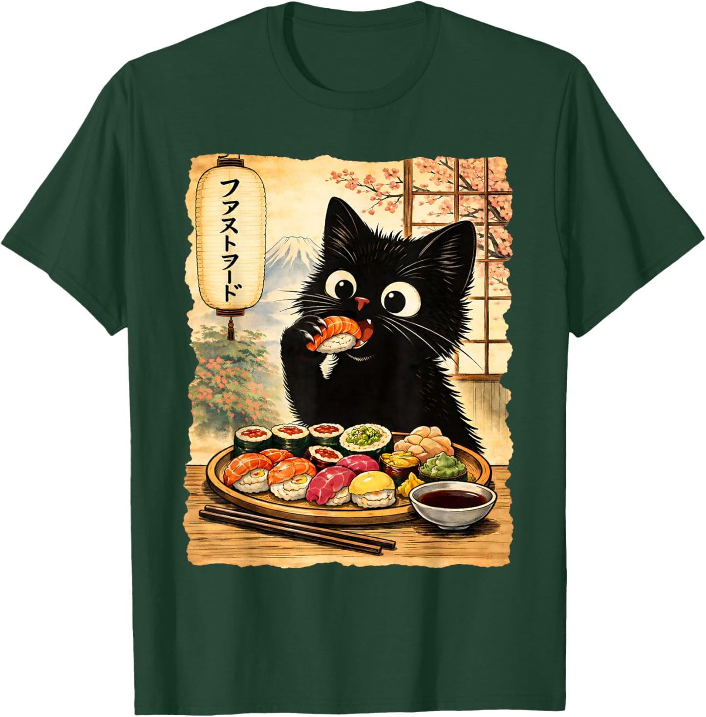Black Cute Cat Eating Sushi Kawaii Japanese Food Anime Cats T-Shirt - T-Shirt | Forest