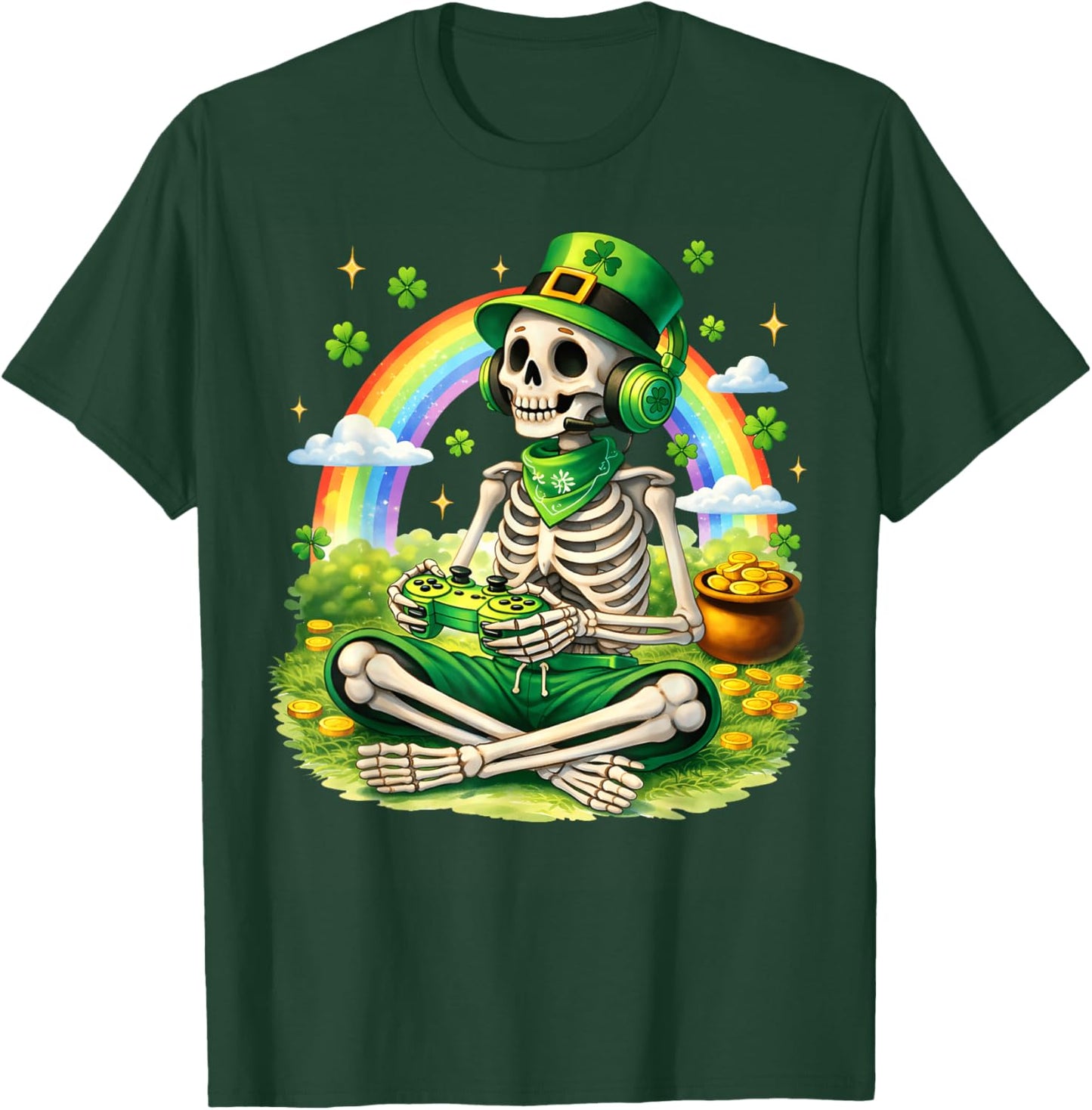 St Patricks Day Skeleton Leprechaun Gamer Irish Boys Men T-Shirt - T-Shirt | Forest