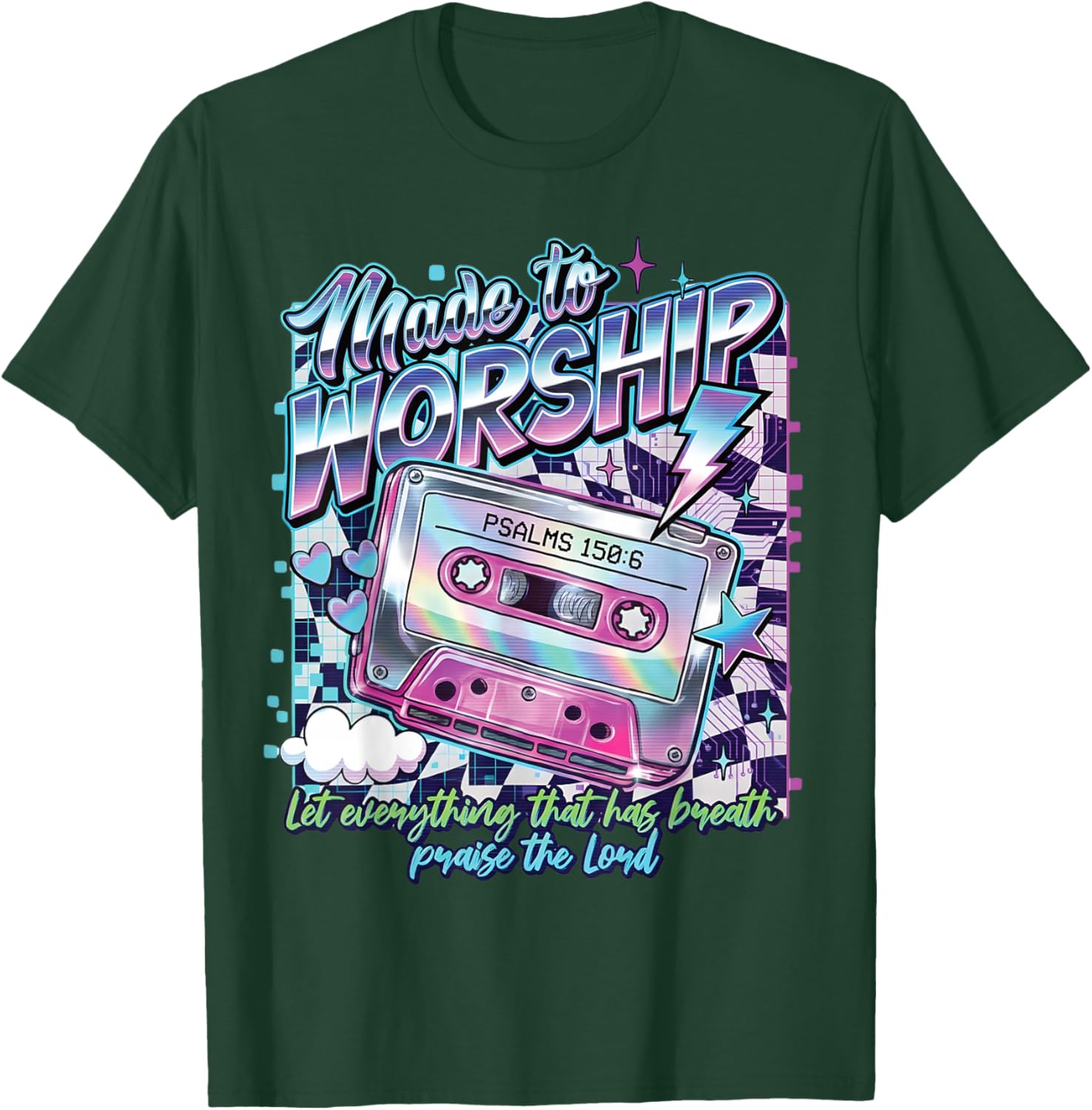 Retro Cassette Made to Worship Psalms 150:6 Christian Music T-Shirt - T-Shirt | Forest
