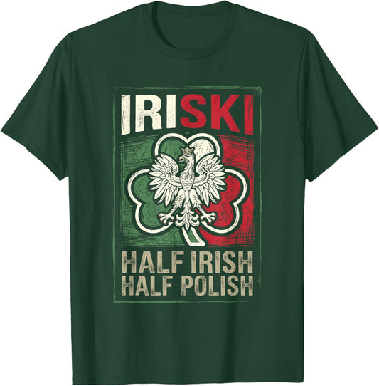 IRISKI Half Irish Half Polish Heritage Shamrock Eagle T-Shirt - T-Shirt | Forest