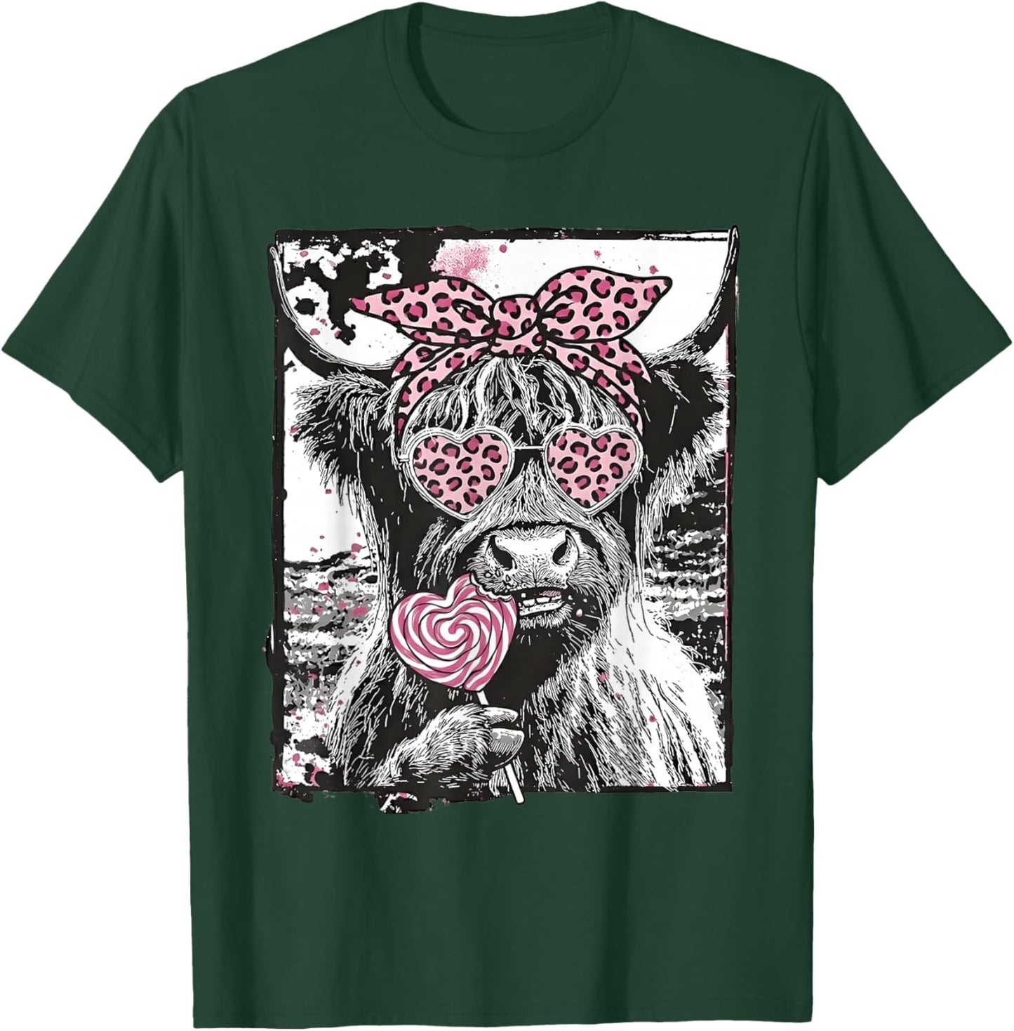 Highland Cow Valentine Coquette Pink Leopard Lollipop Heart T-Shirt - T-Shirt | Forest