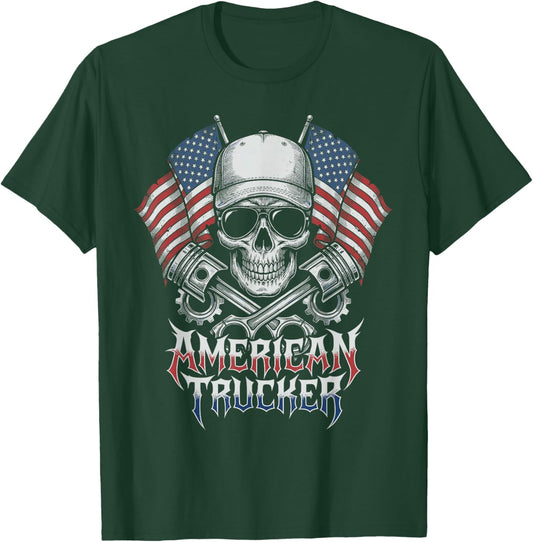 American Trucker Skull US Flag Patriotic Semi Truck Driver T-Shirt - T-Shirt | Forest