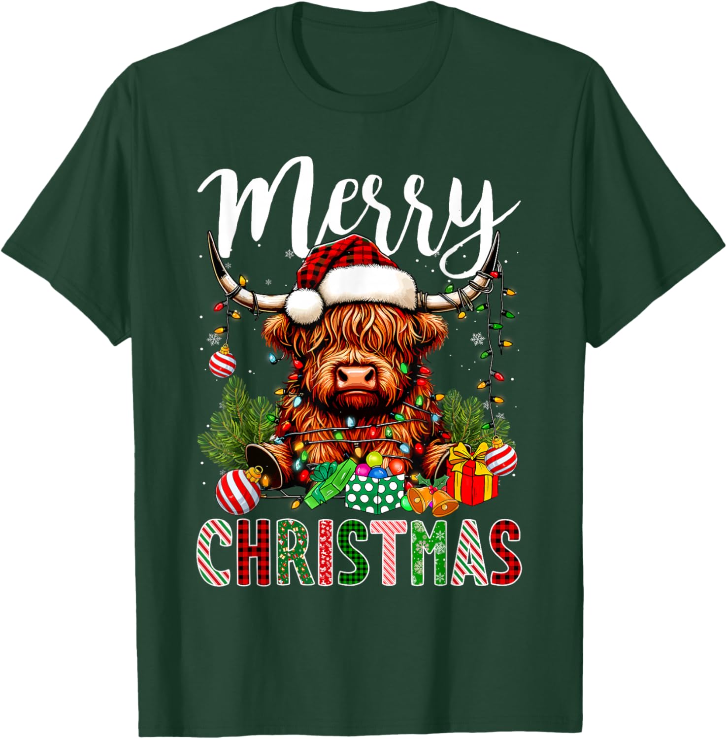 Merry Christmas Pajamas Highland Cow Christmas Tree Lights T-Shirt - T-Shirt | Forest