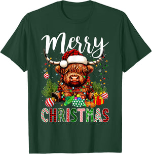 Merry Christmas Pajamas Highland Cow Christmas Tree Lights T-Shirt - T-Shirt | Forest