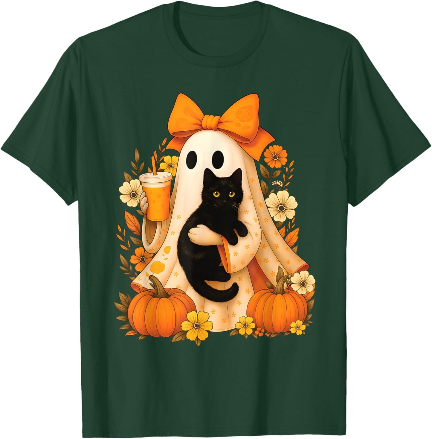 Retro Ghost Holding Cat Groovy Floral Vintage Halloween T-Shirt - T-Shirt | Forest