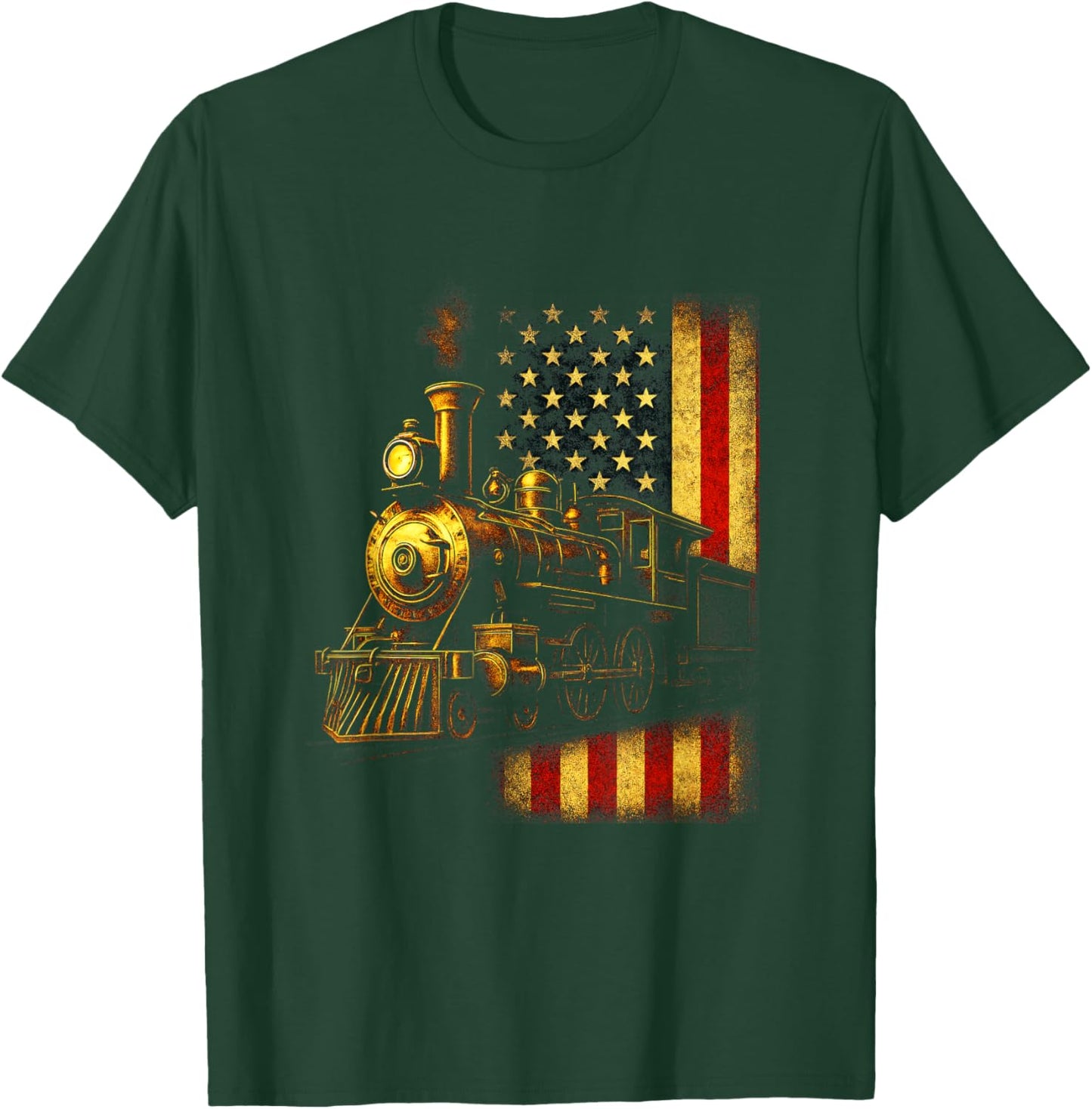 Locomotive & Flag - Steam Train Rail Fan Art T-Shirt - T-Shirt | Forest