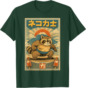 Funny Sumo Raccoon Vintage Japanese Gifts Women Kid T-Shirt - T-Shirt | Forest