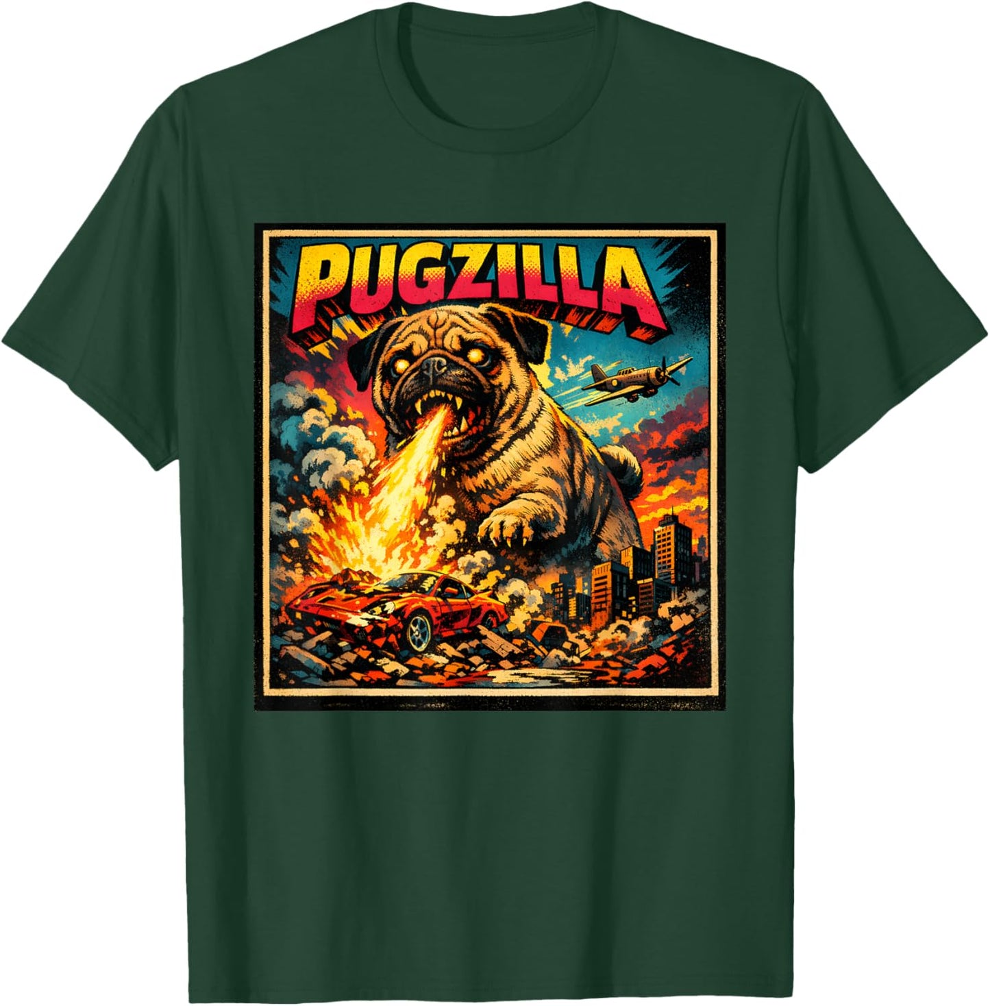 Retro Pugzilla Cute Pug Funny Youth Life from Dad Mom Meme T-Shirt - T-Shirt | Forest