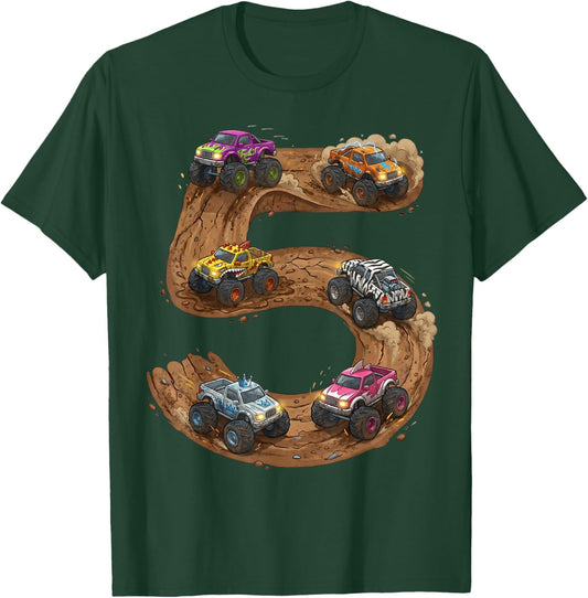 5 Year Old Boy Birthday Monster Trucks Toddler 5th Birthday T-Shirt - T-Shirt | Forest