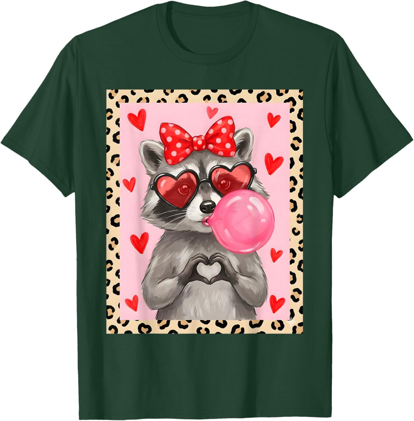 Cute Raccoon Heart Sunglasses Bubblegum Leopard Valenti T-Shirt - T-Shirt | Forest
