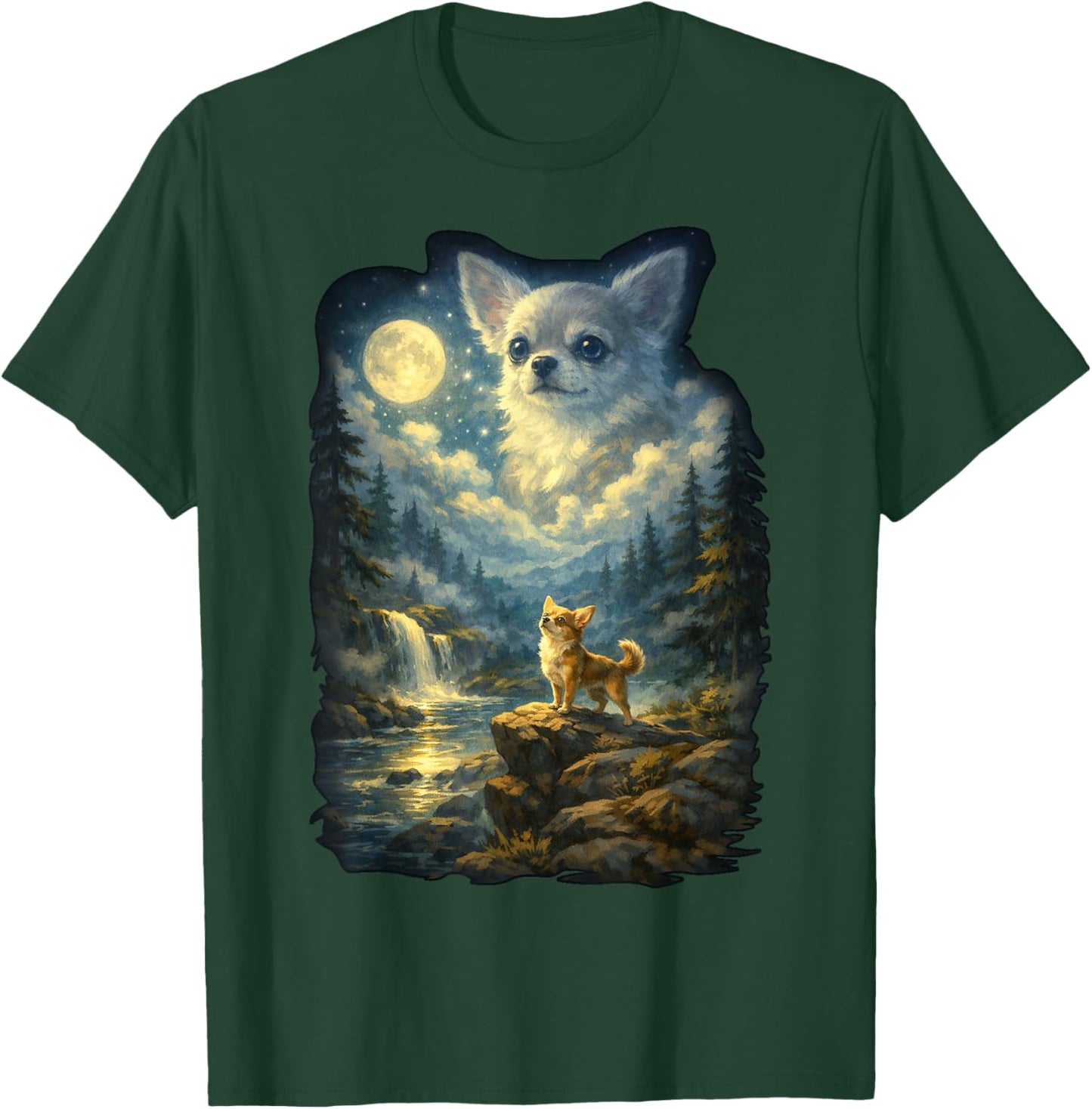 Chihuahua Dog Moonlit Night Art Chihuahua Howling at Moon T-Shirt - T-Shirt | Forest
