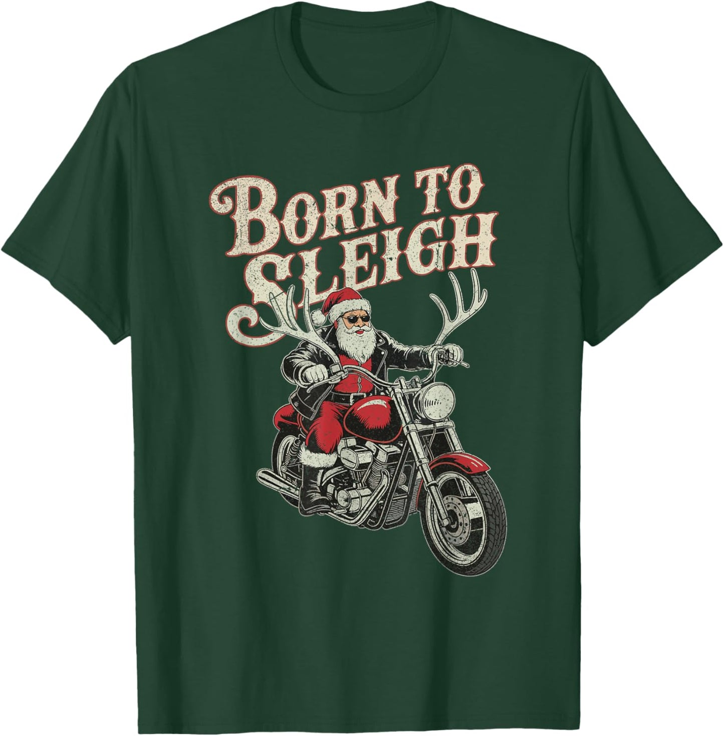 Santa Riding Motorcycle Born to Sleigh Christmas Rock T-Shirt - T-Shirt | Forest