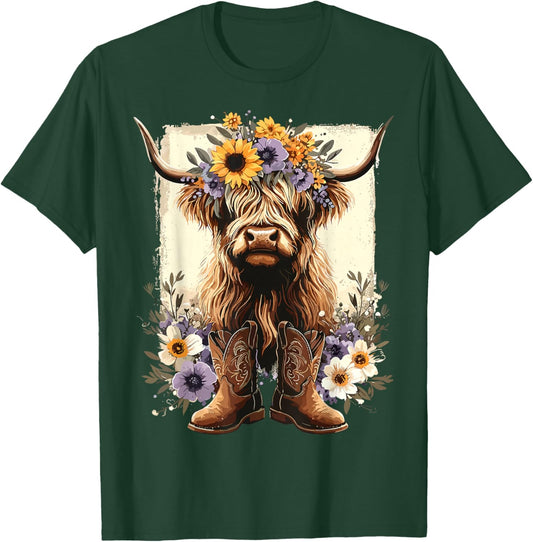 Floral Highland Cow Cowboy Boots Western Country T-Shirt - T-Shirt | Forest