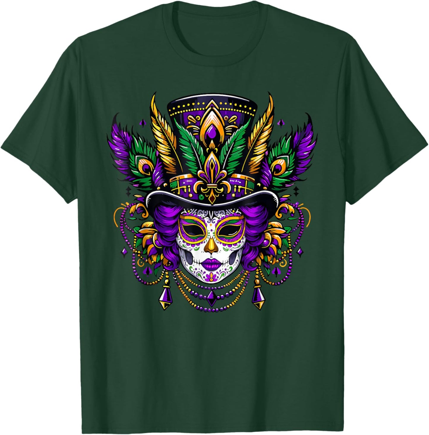 Mardi Gras Mask Feathers Carnival New Orleans Fleur De Lis T-Shirt - T-Shirt | Forest