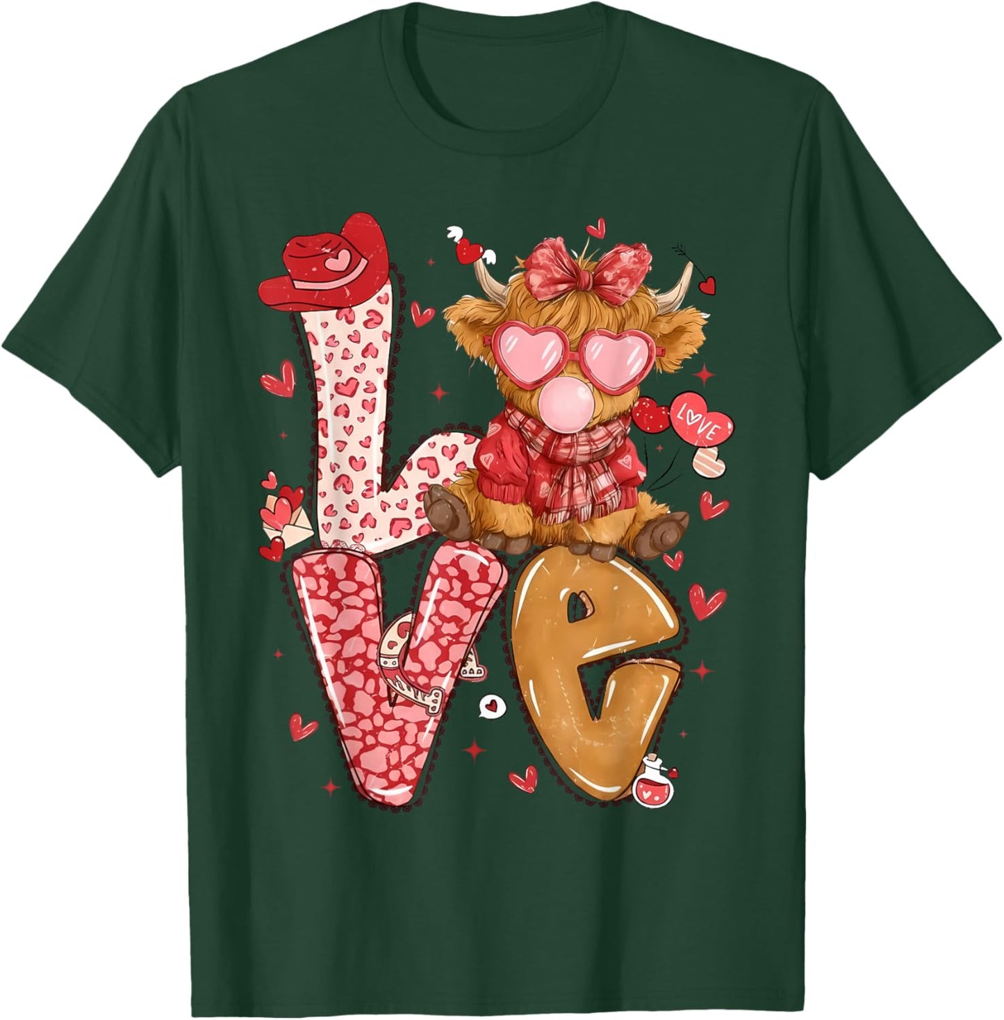 Cute Highland Cow and Pink Heart Valentine Day Love Leopard T-Shirt - T-Shirt | Forest